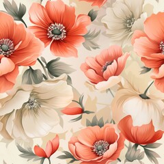 Elegant Floral Seamless Pattern with Vibrant Orange and White Flowers on a Subtle Beige Background. Perfect for Commercial Use and Creative Projects Requiring Sophistication and Elegance.