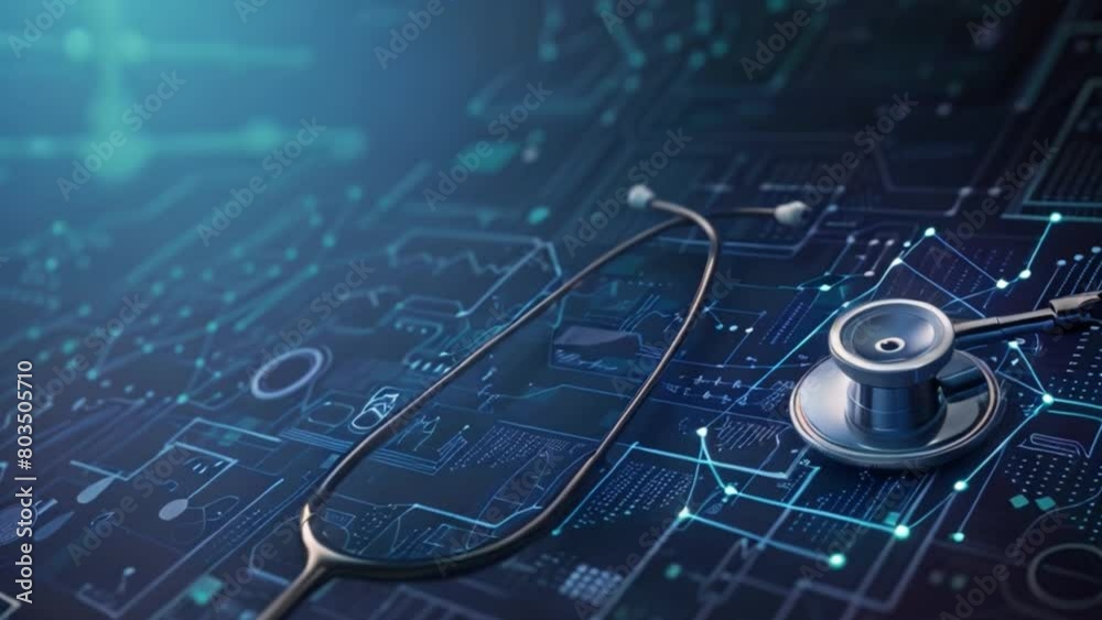 Poster A stethoscope is positioned on top of a computer chip, representing the intersection of digital technology and healthcare.