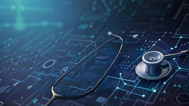 A stethoscope is positioned on top of a computer chip, representing the intersection of digital technology and healthcare.