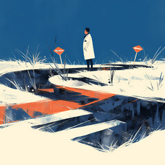 In this evocative illustration, a traveler stands at the crossroads, facing multiple forks in the road. The path ahead is obscured by uncertainty, symbolizing the challenges we all face when - obrazy, fototapety, plakaty