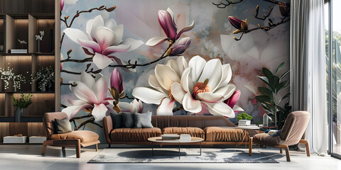 Magnolia themed interior house wall and sofa, ai generated.