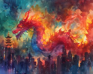 Capture the grandeur of Mythical Creatures against a backdrop of a gleaming, Futuristic Cityscape in vivid watercolors