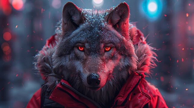 Mystical winter wolf portrait with red accents
