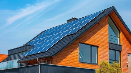 Solar panels on roof of the modern house, photovoltaic green renewable energy powered home, ecology, nature harmony