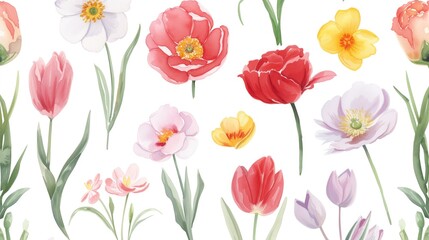 Watercolor illustration of tulips and daffodils on white background