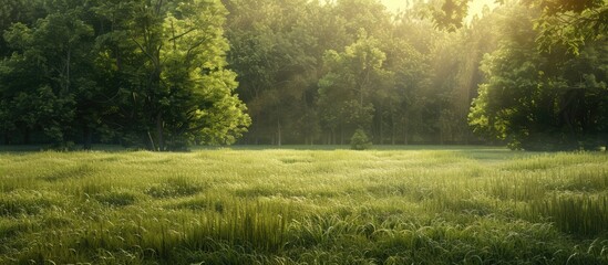 Field of grass and forest in the evening sunlight.