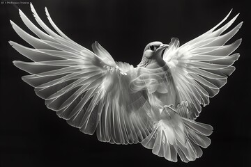 Xray of a bird in flight, broad wingspan, illuminated from below, serene yet detailed