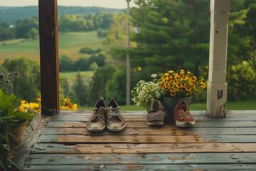 Two pairs of shoes resting on a wooden porch, with a picturesque countryside as the backdrop.