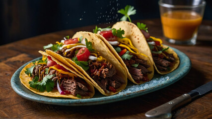 "Beef Taco on Wooden Table with Sauce"