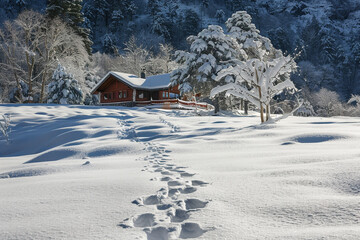 Two sets of footprints in the fresh snow, leading towards a snow-covered cabin.