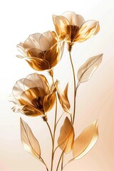 Set of golden floral art posters, gold rose, tulip and lilly on white background abstract concept art, generative ai