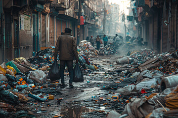 A man carrying garbage bags through an alley filled with trash lying on the streets, pollution concept