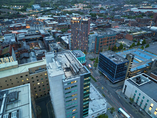 Fototapeta premium Beautiful Aerial View of Sheffield City Centre at Just After Sunset. England United Kingdom. April 29th, 2024