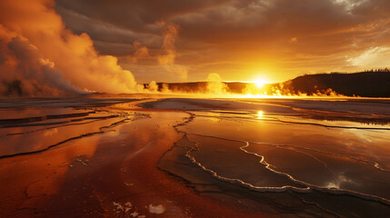 A vibrant sunrise at a high-altitude geyser field, steam rising vigorously as the early light casts golden hues on the wet surfaces