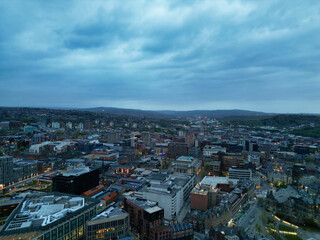 Beautiful Aerial View of Sheffield City Centre at Just After Sunset. England United Kingdom. April 29th, 2024