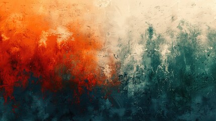 A colorful abstract painting with a orange, blue and green background.
