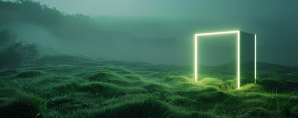 Mystical glowing cube in foggy field at night