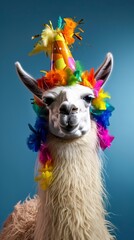 Fototapeta premium Party llama with festive hat and colorful garland