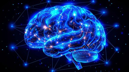 Digital Representation of a Human Brain Illuminated with Blue Neural Networks