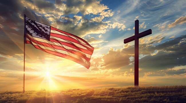 A cross is in the foreground of a sunset with an American flag in the background