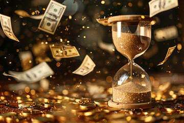 Time is money concept, an hourglass next to money flying through the air