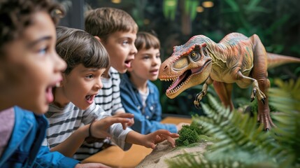 Group of excited elementary student studying and looking at dinosaur at classroom. Diverse children excited to studying while looking at raptor at museum or exhibition hall. Creative learning. AIG42.