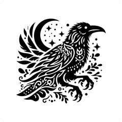 raven bird silhouette in bohemian, boho, nature illustration