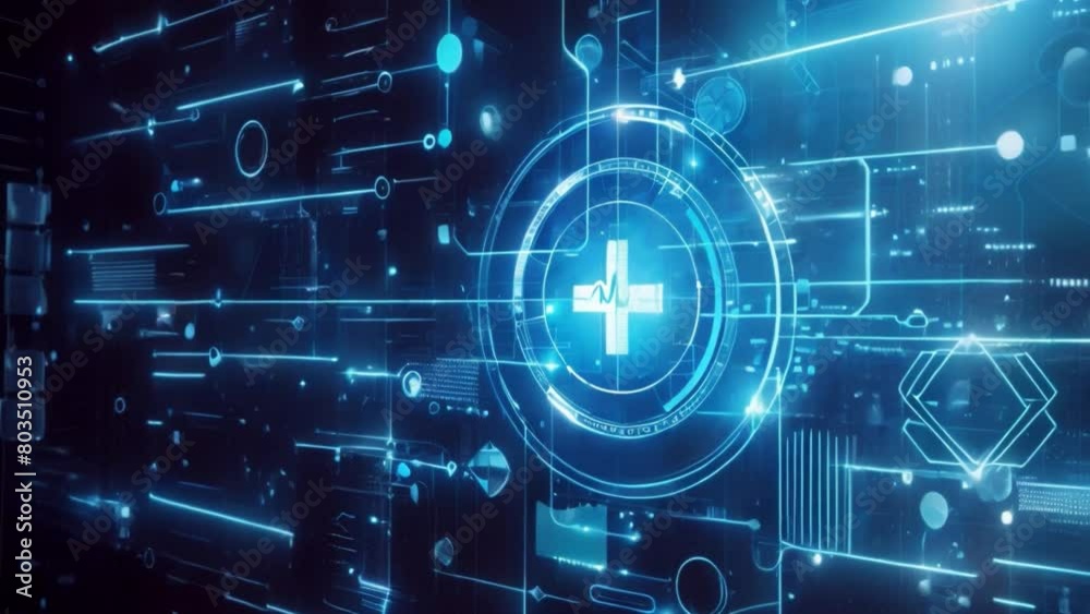 Poster A digital medical background with a computer screen displaying a cross symbol prominently.
