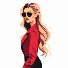 A woman in a red jacket and sunglasses stands in front of a white background