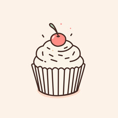Cute cupcake in a linear style on a colored background. Vector illustration for printing. Cute background with food.