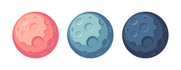 Set of isolated realistic full moon at night. Red, blue and dark satellite sphere icons isolated om white background. Round planet with crater. Astronomy and space theme © Daria Serheieva