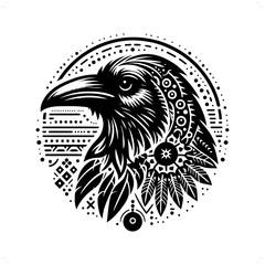 raven bird silhouette in bohemian, boho, nature illustration
