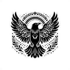 raven bird silhouette in bohemian, boho, nature illustration