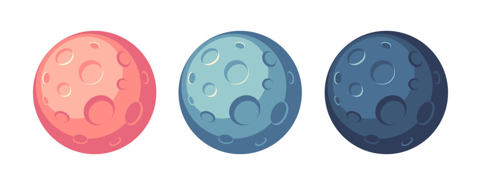 Set of isolated realistic full moon at night. Red, blue and dark satellite sphere icons isolated om white background. Round planet with crater. Astronomy and space theme