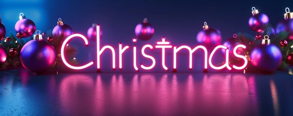 Neon christmas sign with festive ornaments