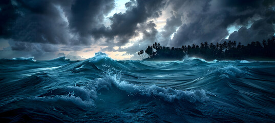 Fototapeta premium An atoll during a storm, with dramatic clouds and choppy sea captured in high contrast, showcasing the raw power of nature with a telephoto lens
