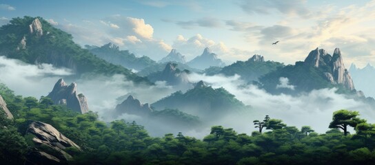Mountain landscape with clouds and trees