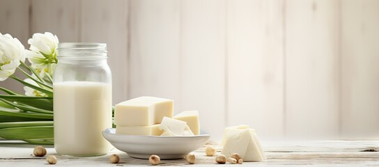 A bottle of milk, a glass of milk, and pieces of cheese on table