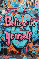 A graffiti wall with the words -believe in yourself written on it. The wall is covered in colorful paint and has a lot of different shapes and sizes