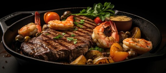 Steak, shrimp, and potatoes sizzling. Menu delicious photo