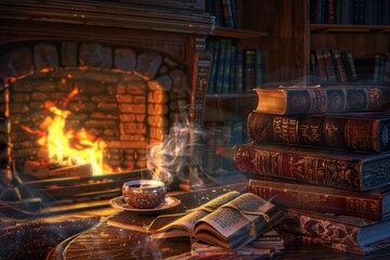 A fireplace with a cup of tea and a stack of books