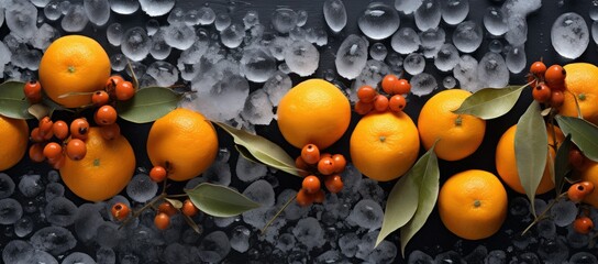 Group of oranges with leaves and berries