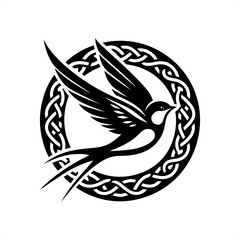 Swallow bird silhouette in animal celtic knot, irish, nordic illustration