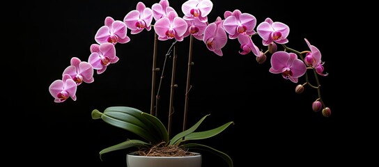 Potted plant with pink flowers on black background