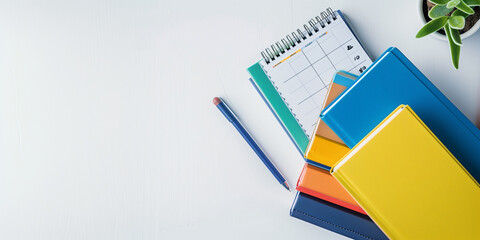 minimalist shot, a top-down view captures a neatly arranged stack of books and planners on a school white teacher's desk, providing ample blank empty space for scheduling and note-