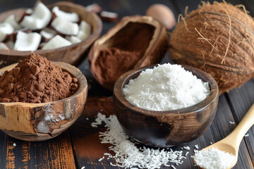 dry ingredients for bakeing  cocoa, fluor, sugar, protein powder, coconut, baboo fibre, 