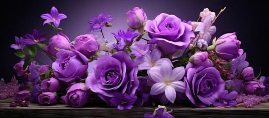 Purple flowers on wooden table