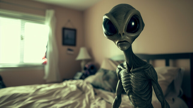 scary alian with big black eyes tall grey body find in the bedroom