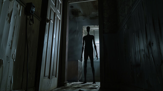 blurry dreamy nightmare photo illustration sleep paralysis or chilhood nightmares with a tall evil creature in the door looking at you