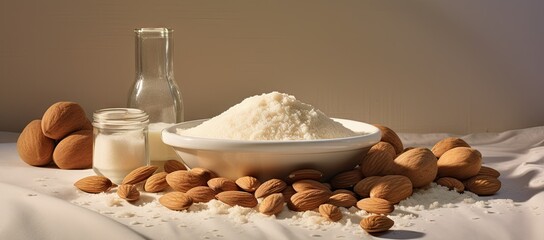 Bowl of almonds and bottle of milk